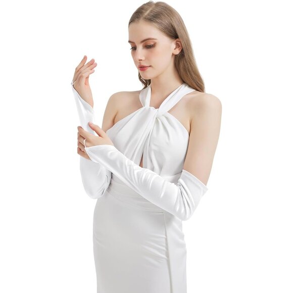 Women's White Fingerless Elbow Length Satin Long Gloves Halloween Cosplay - Picture 5 of 7